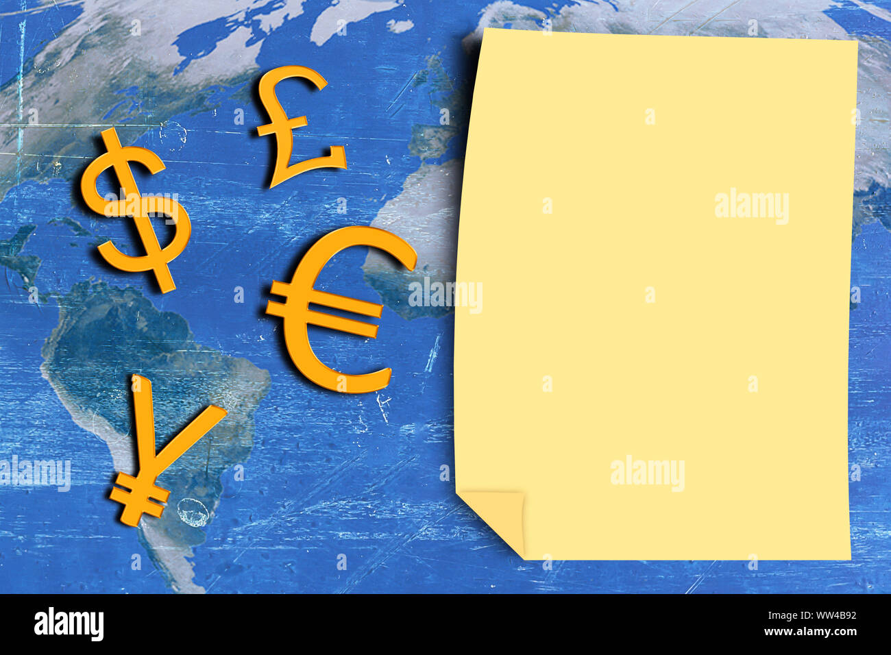 Currency concept, blank paper and currency symbol on vintage world map, Elements of this Image Furnished by NASA Stock Photo