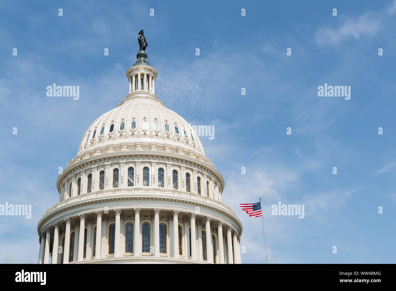 Dome of the United States Capitol building in Washington, DC., the meeting place for Congress, and the seat of the legislative branch. Stock Photo