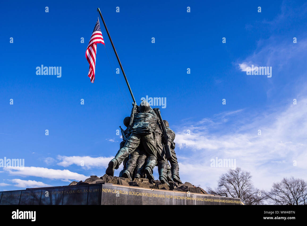 Marine Corps War Memorial (Iwo Jima Memorial) by sculpture Felix W. de Weldon. Stock Photo
