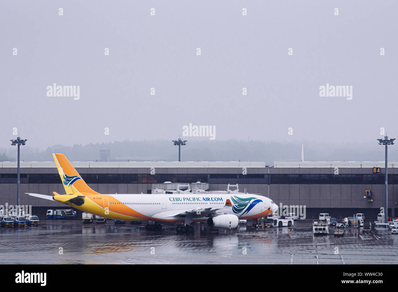 DEC 6, 2018 Narita, Japan Airplane during raining bad weather at