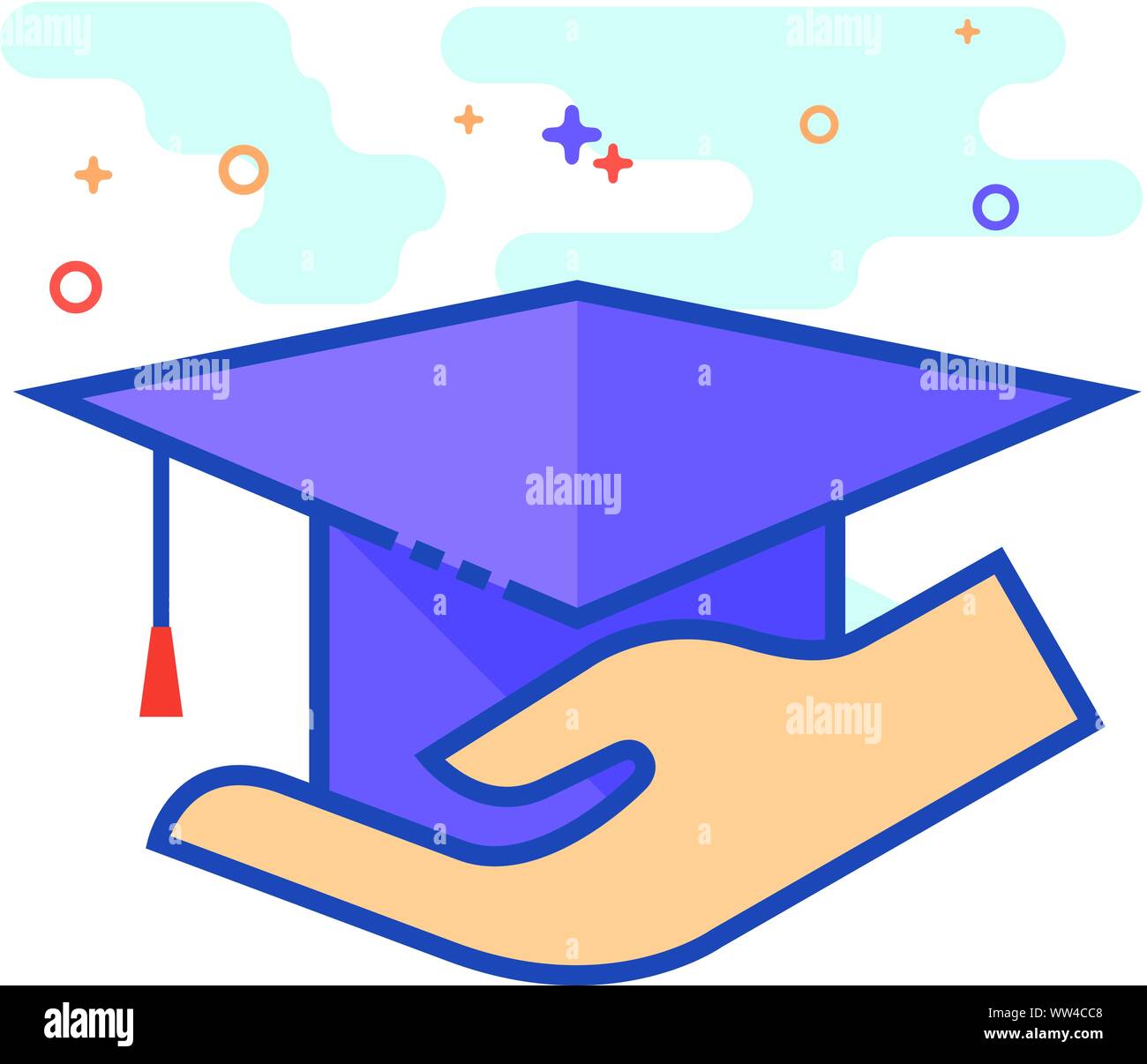 Hand holding diploma icon in outlined flat color style. Vector ...