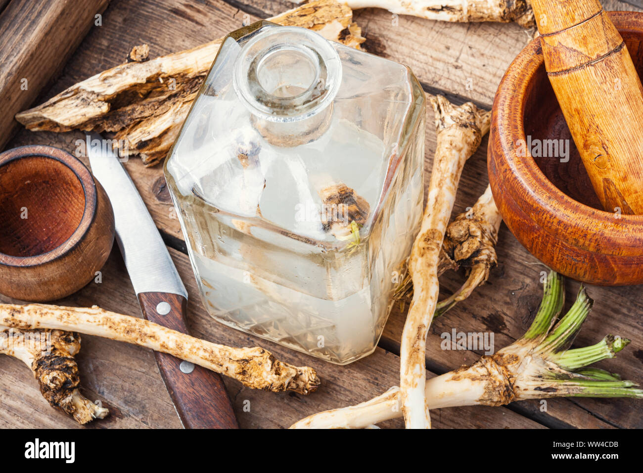 Traditional alcoholic drink from horseradish roots.Russian or Ukrainian cuisine Stock Photo