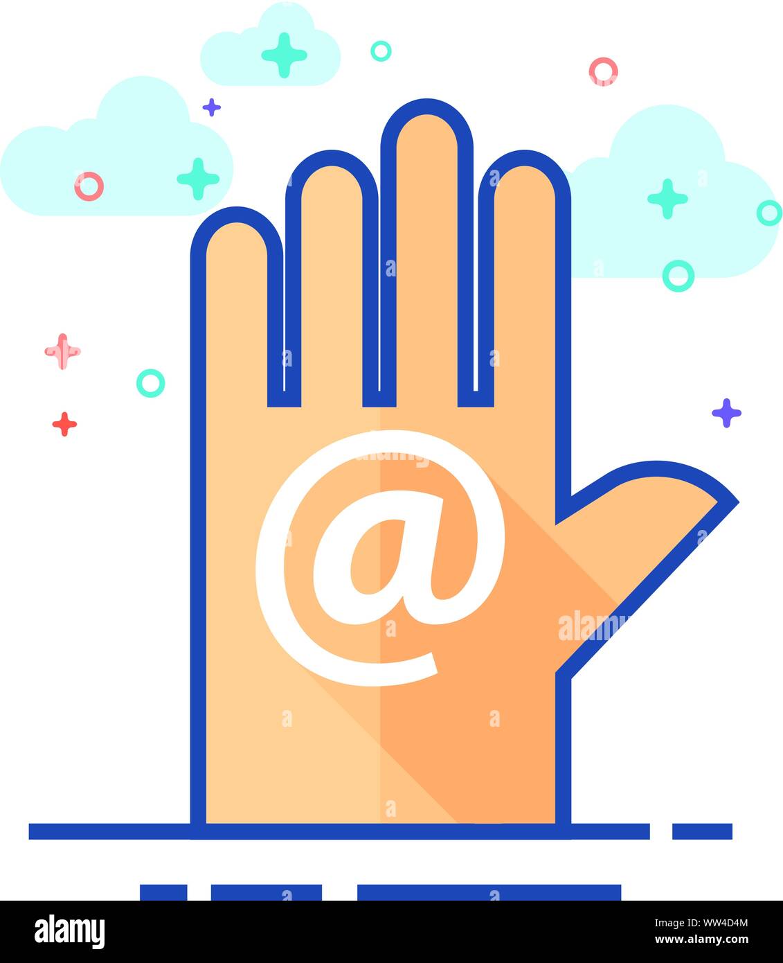 Hand with email icon in outlined flat color style. Vector illustration ...
