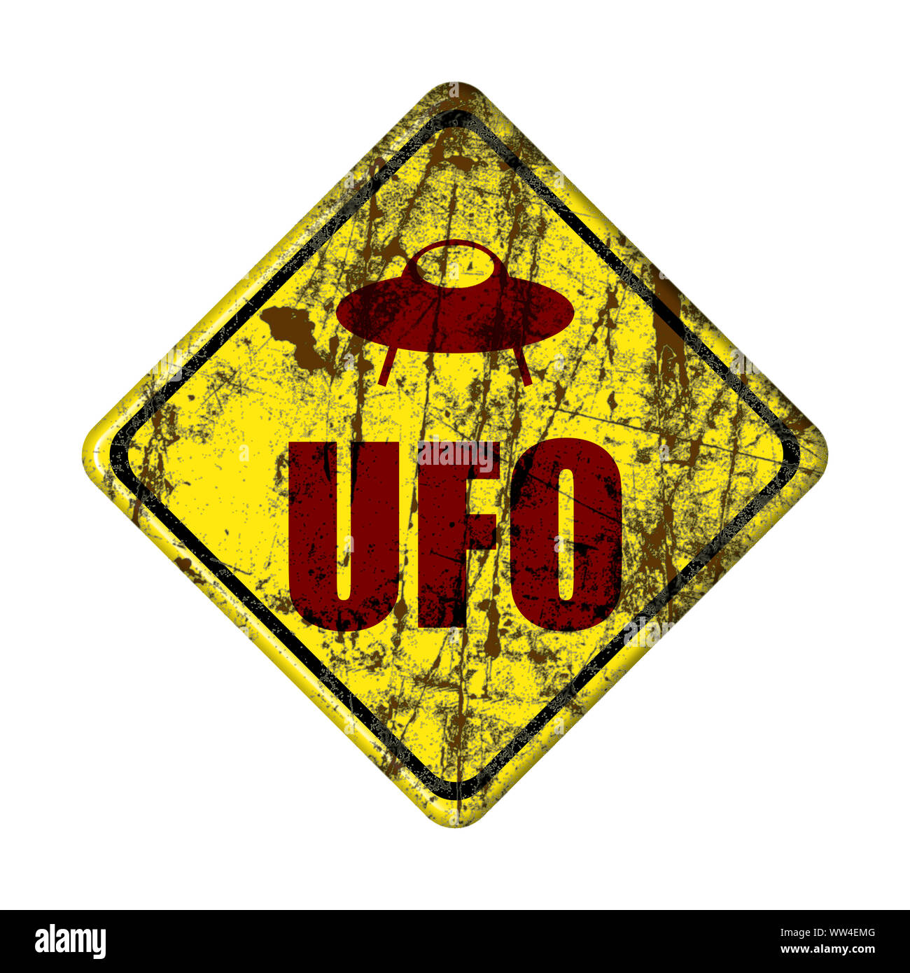 old Humorous danger road signs for UFO, aliens abduction theme, Yellow road sign with Ufo Activity Area. Stock Photo