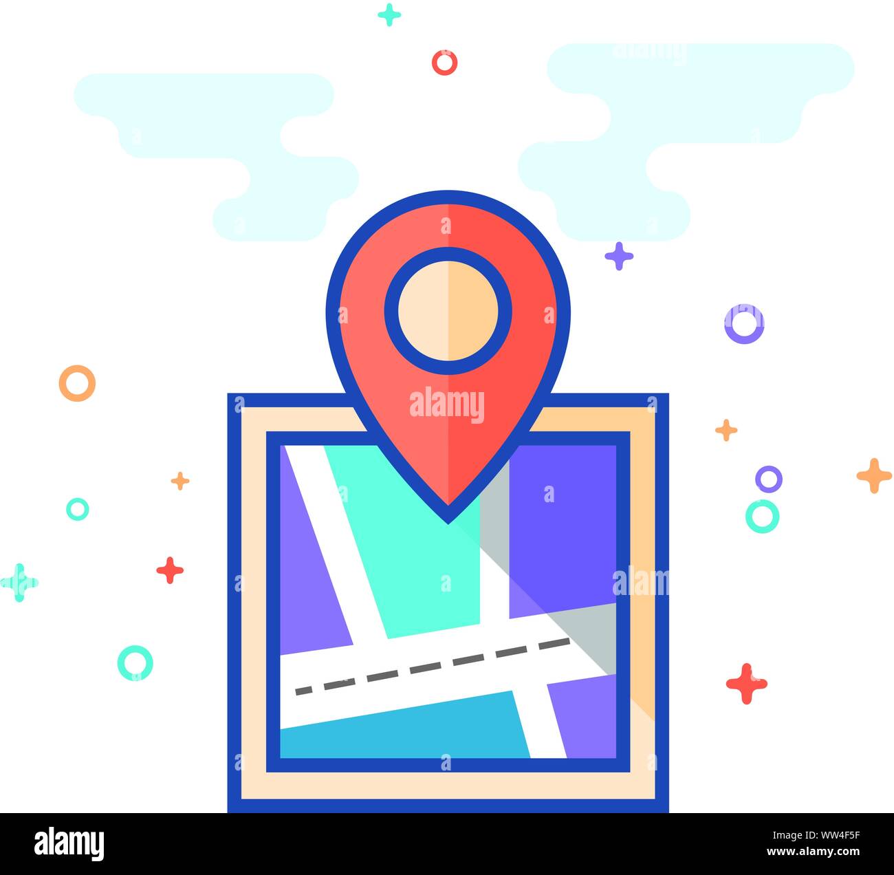 Pin location map icon in outlined flat color style. Vector illustration ...