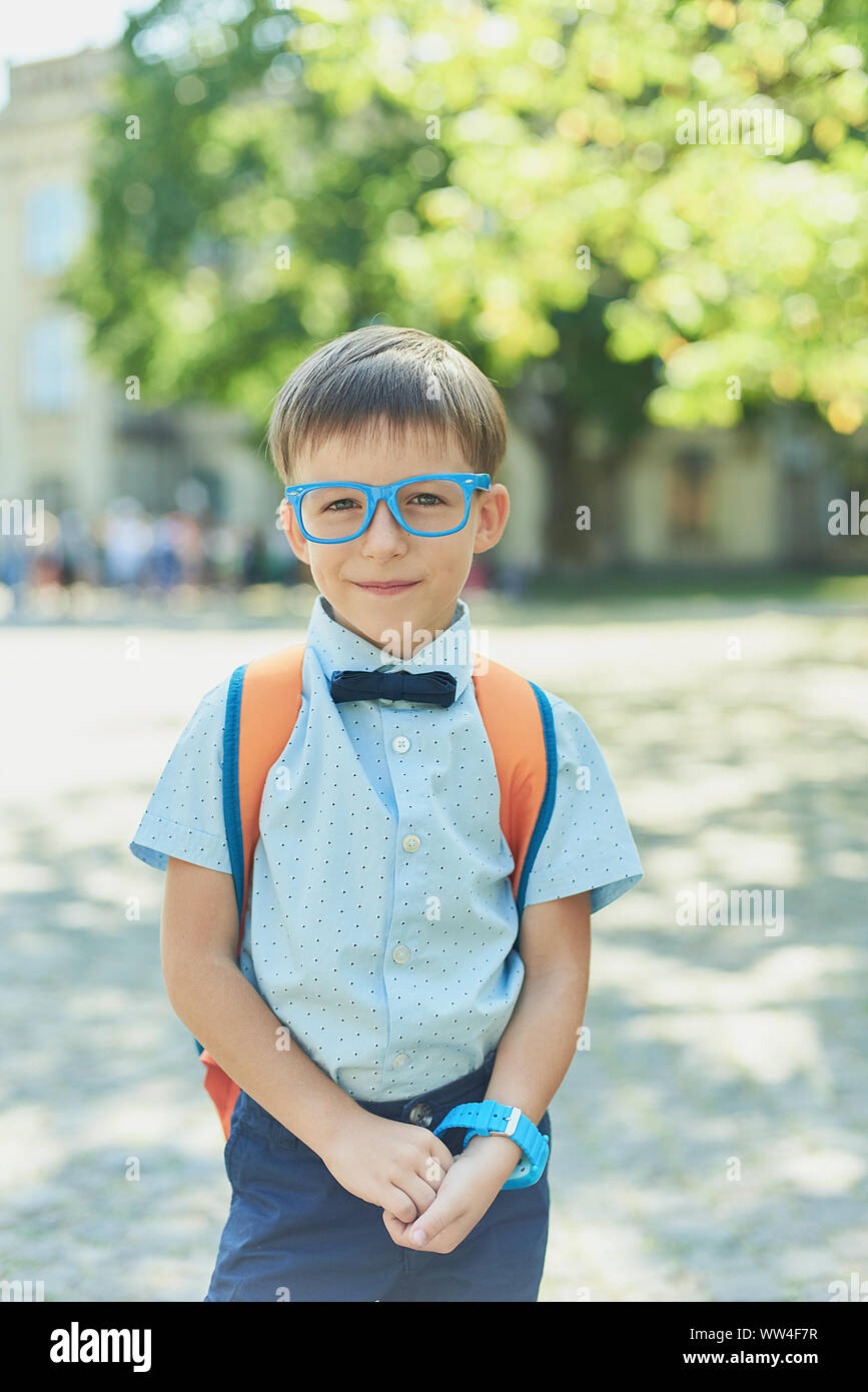 Portrait of Clever happy boy in glasses in shirt and butterfly. First ...