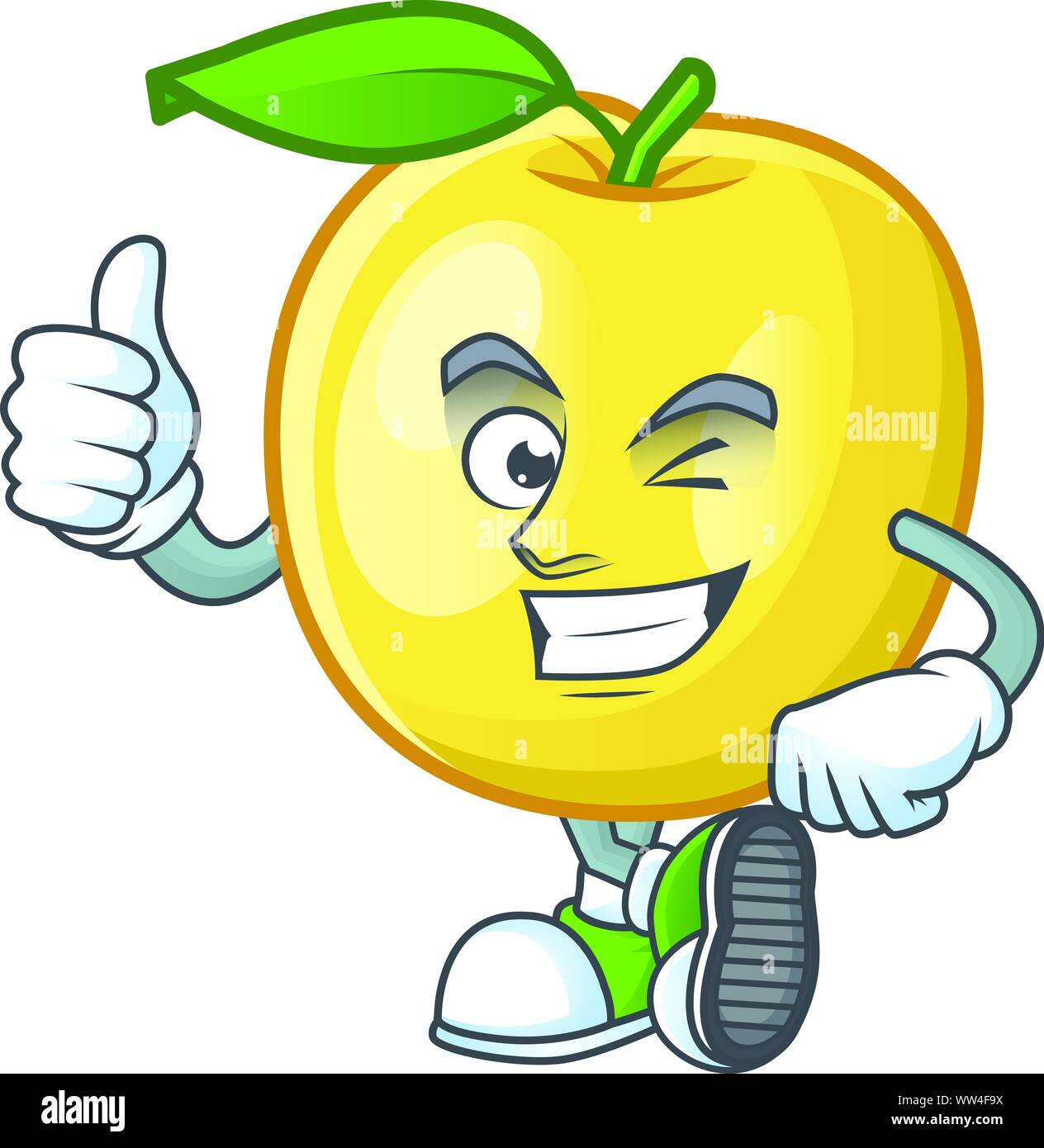 Thumbs up golden apple fruit cartoon on white background Stock Vector