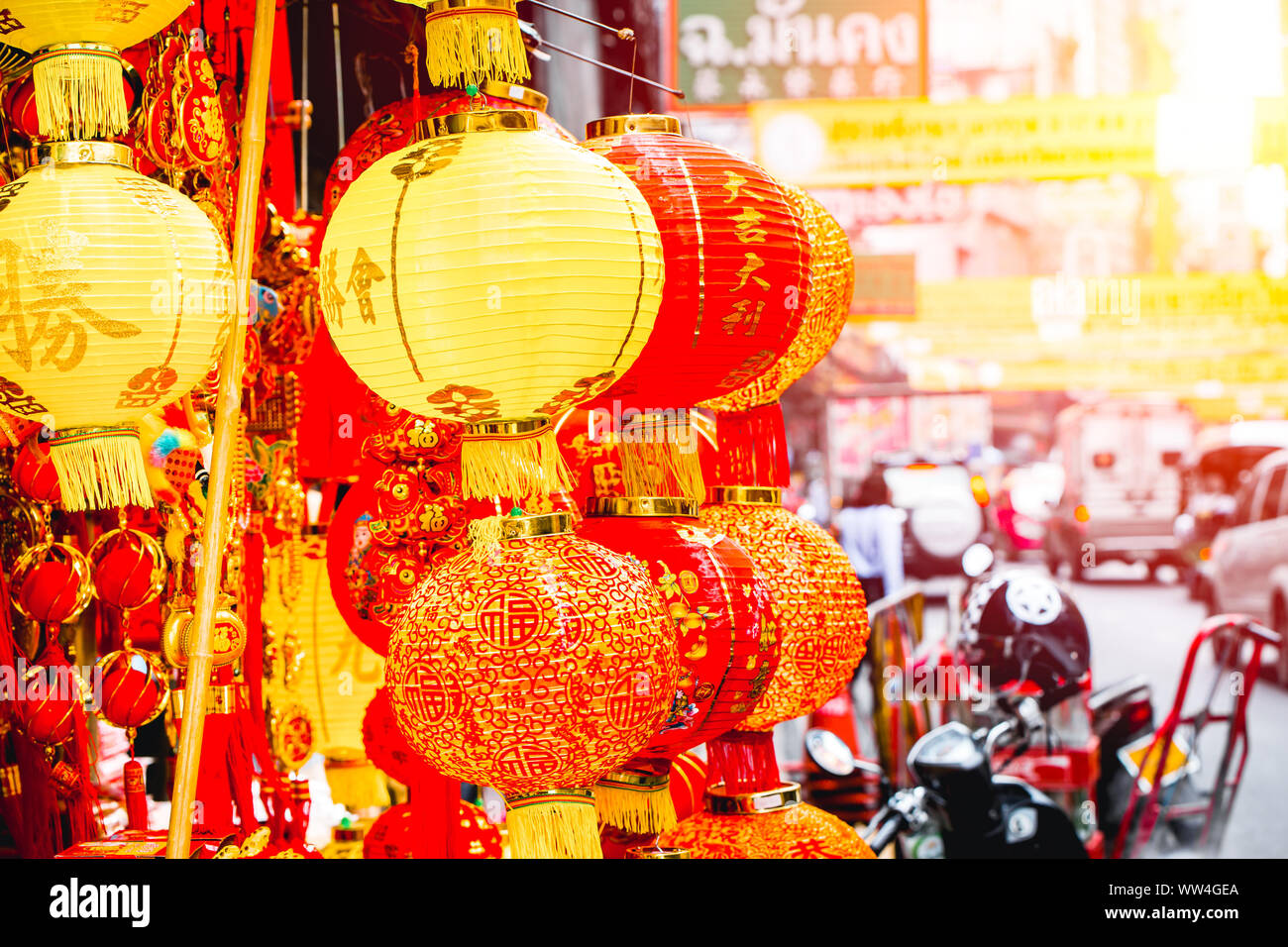 red Chinese new year lanterns selling at the shop for decoration in China festival at Yaowarach street in Bangkok,THAILAND.10 October 2018. Stock Photo