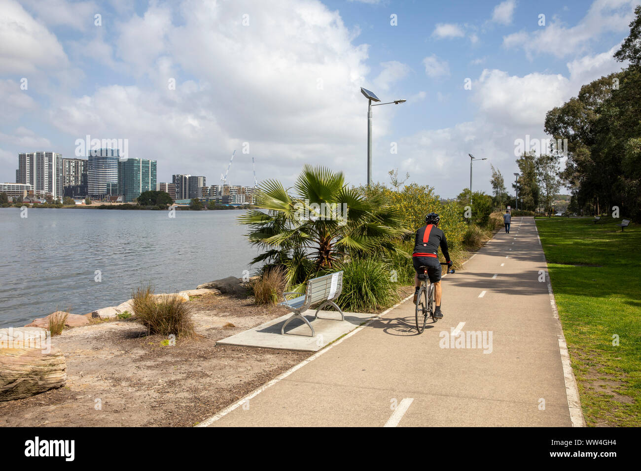 Cyclist riding through Memorial park in Meadowbank Sydney, wentworth point apartments in the distance,Sydney,Australia Stock Photo