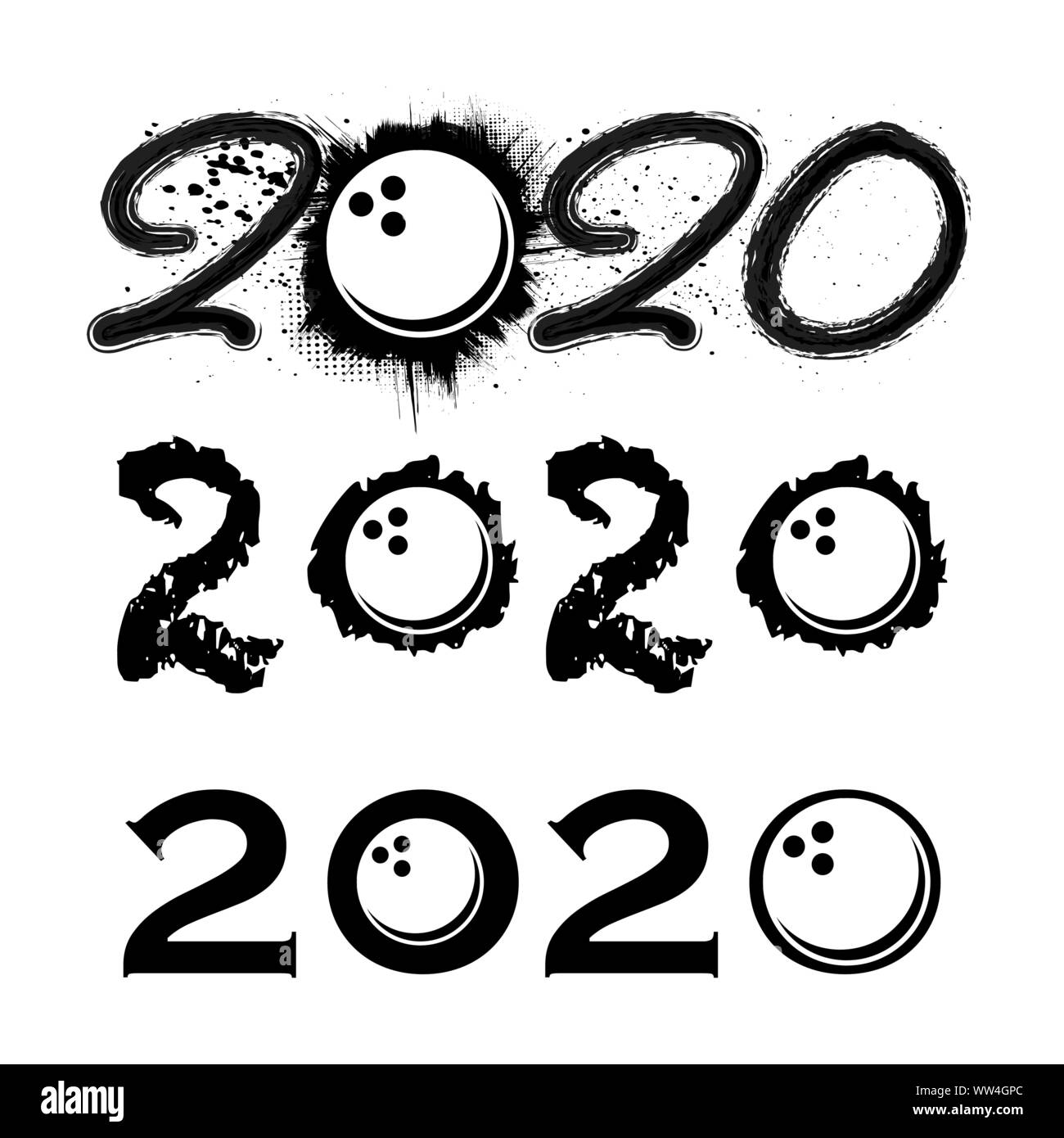 Three black grunge 2020 numbers with bowling balls Stock Vector