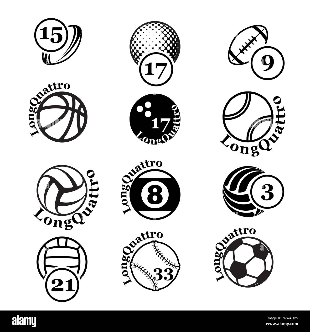 Set of different black sport balls with names and numbers isolated on