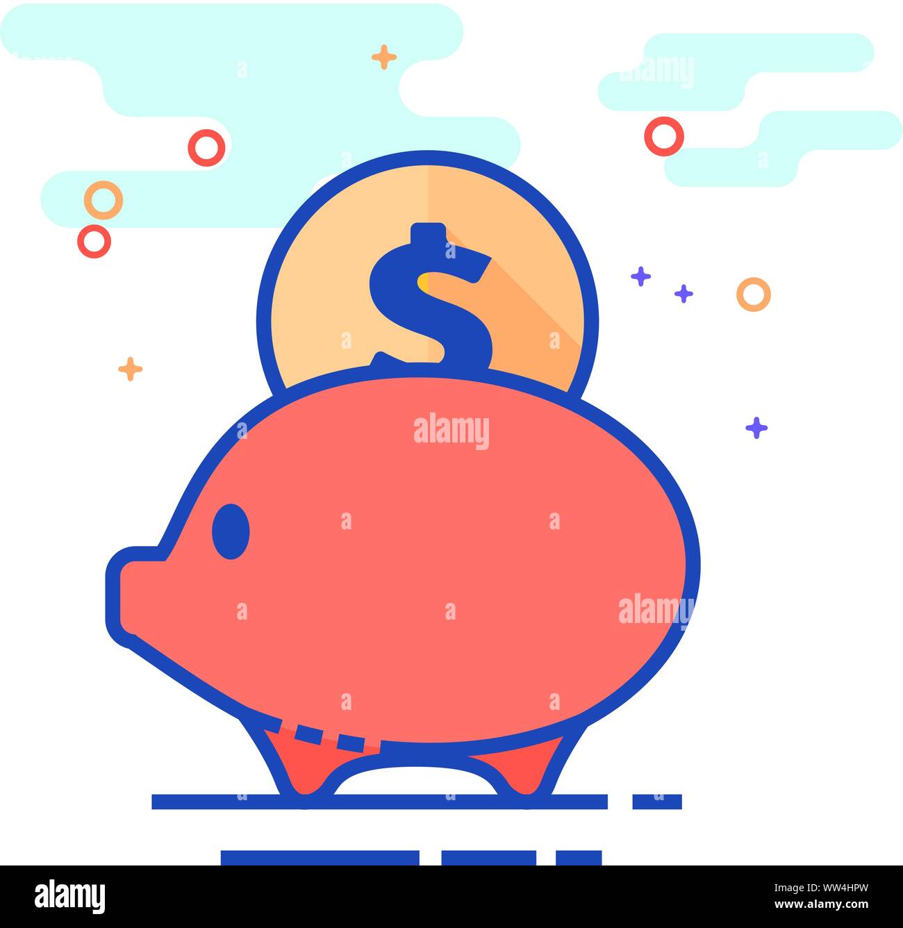 Coin piggy bank icon in outlined flat color style. Vector illustration ...