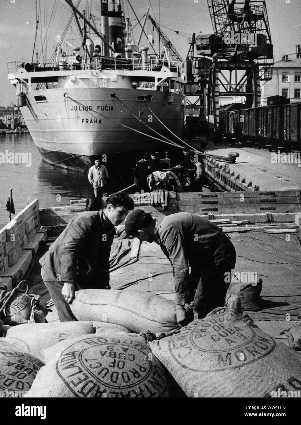 merchant ship from Cuba with sacks of sugar, varna, bulgaria, 1961 Stock Photo