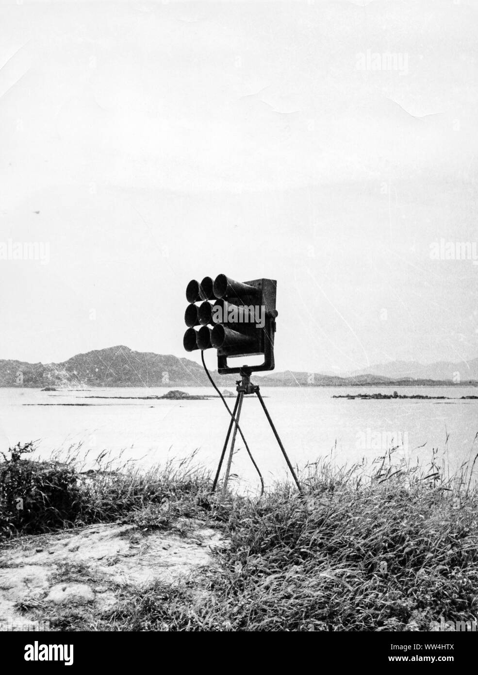 loudspeakers that replicated the propagandistic proclamations launched from the communist coast, quemoy island, crisis of the Strait of Formosa, China, May 1956 Stock Photo