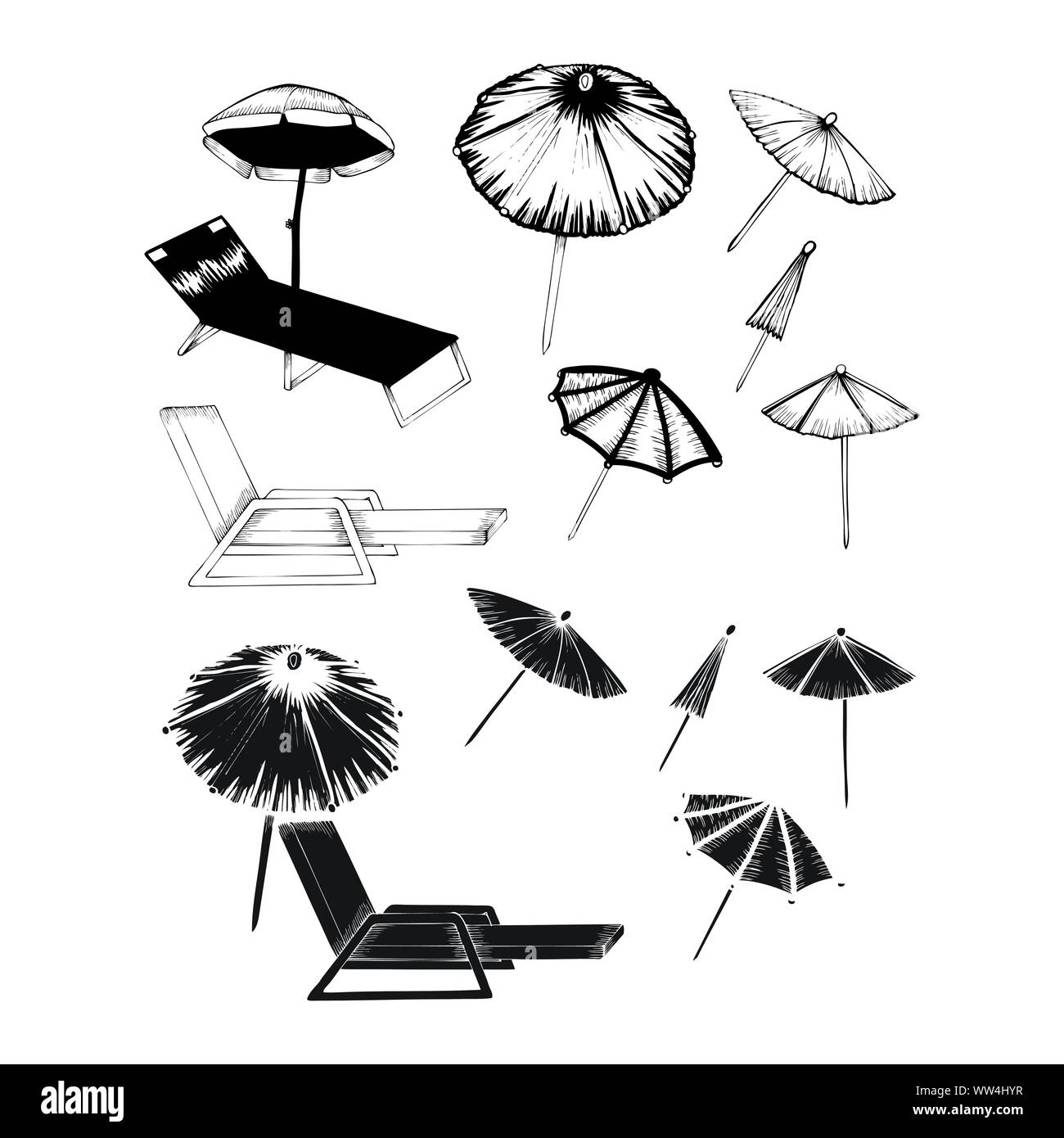 Vacation and travel concept. Beach umbrella, beach chair. Stock Vector