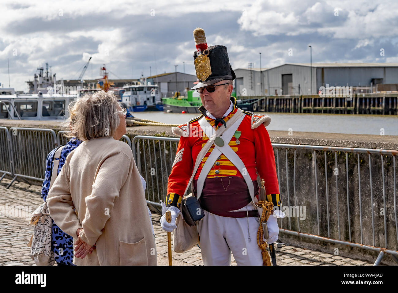 A pensioner in period costume and dressed up as a maritime soldier at the Great Yarmouth
