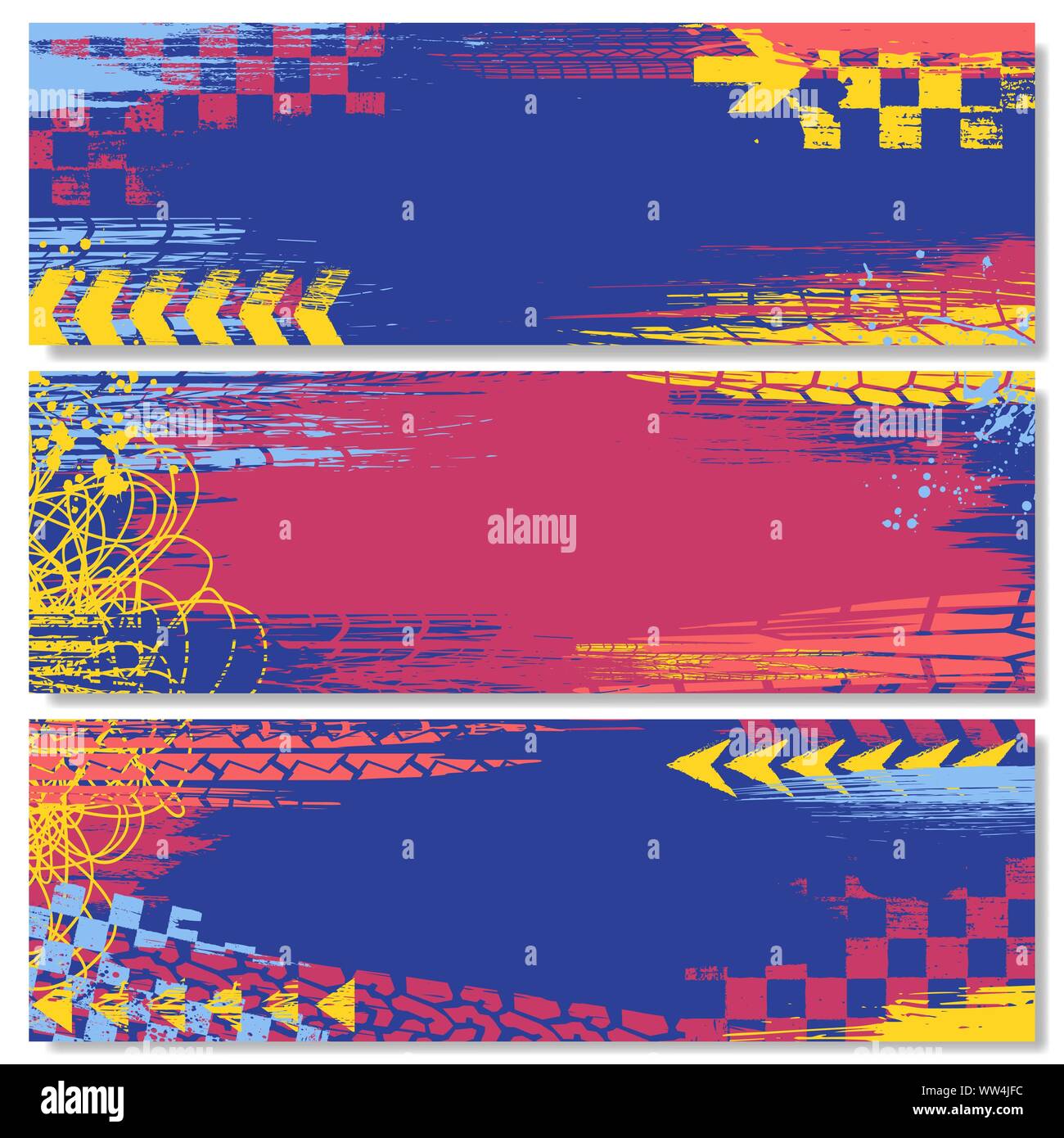 Three color grunge elements tire tracks banners with race elements Stock Vector