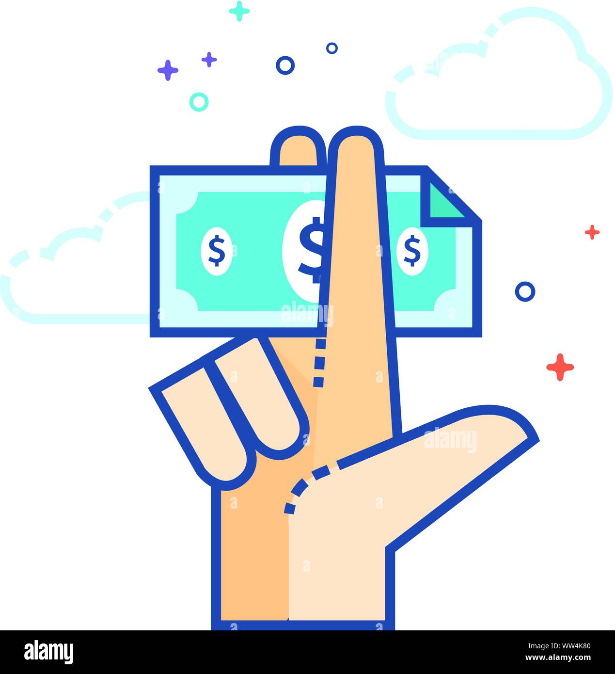 Hand holding money icon in outlined flat color style. Vector ...