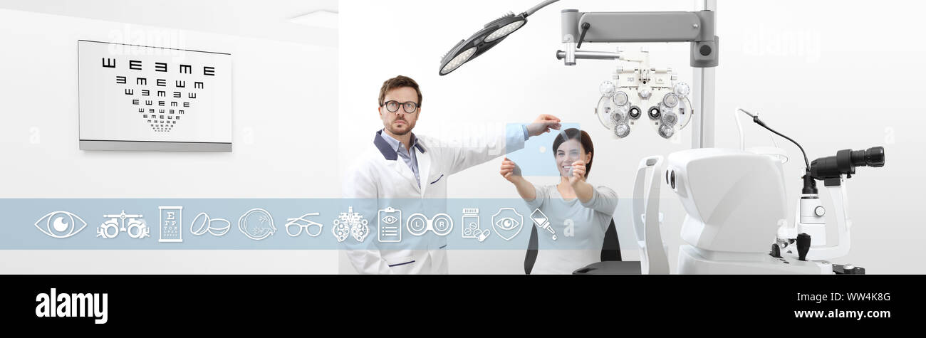 optometrist examining eyesight, with woman patient, tools and set icons diagnostic isolated on white background Stock Photo