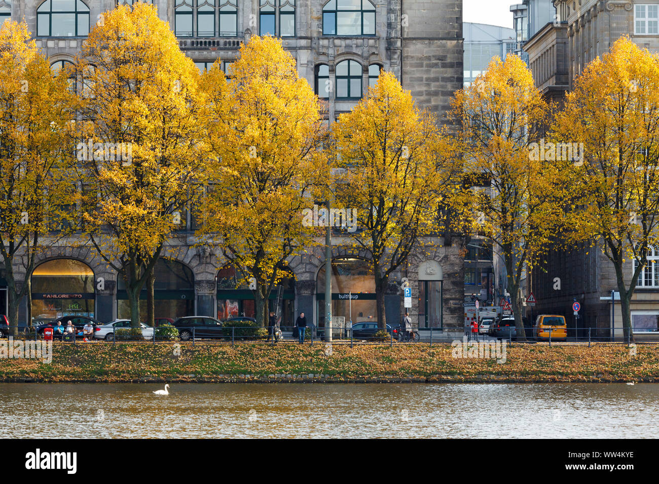 Shore of the Inner Alster at the Ballindamm. Stock Photo