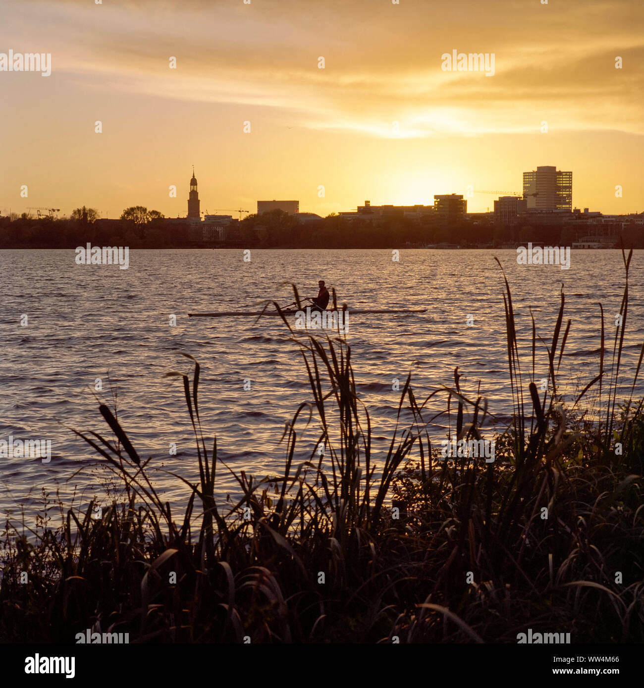 Outer Alster lake at sundown. Stock Photo