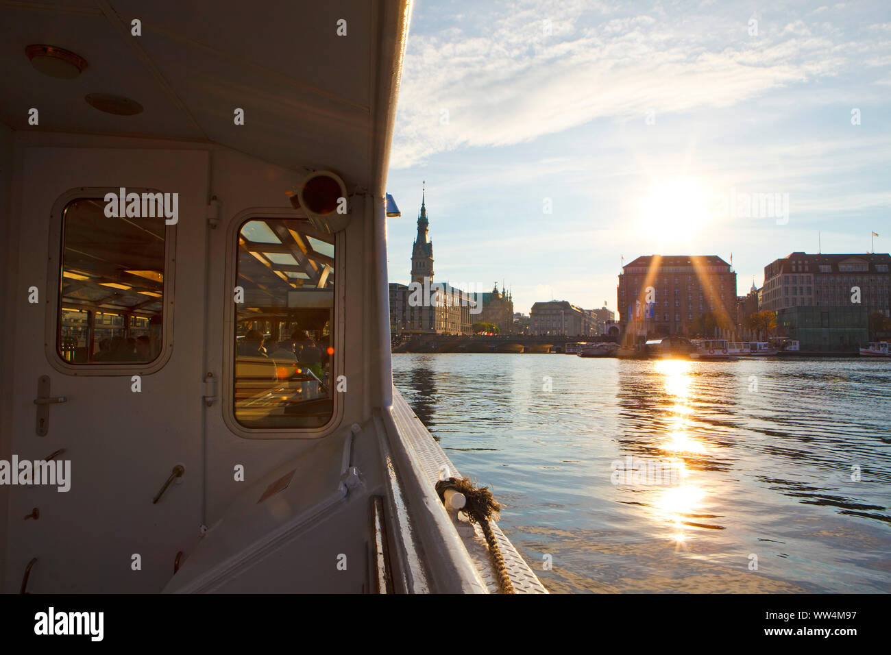 Launch boat on the Inner Alster. Canal trip Hamburg. Stock Photo
