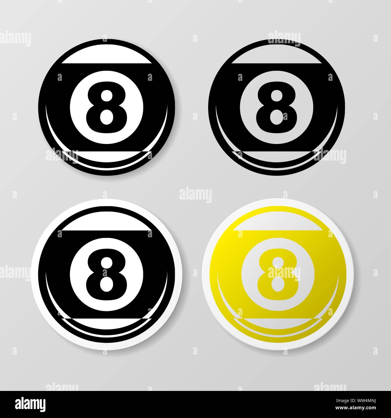 Four black billiards ball stickers isolated on gray background Stock Vector