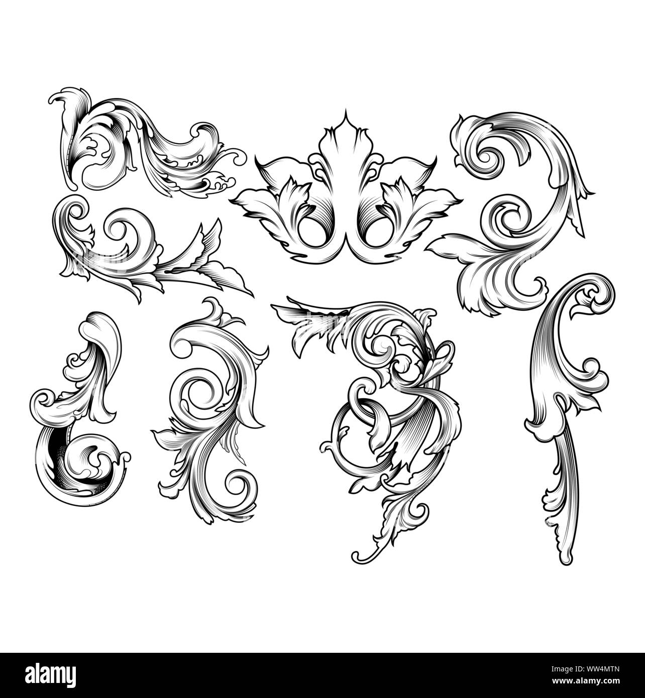 Design floral vector pack, Hand Drawn vintage floral elements. Swirls, laurels, frames, arrows, leaves, feathers, dividers, branches, banners and curl. Stock Vector
