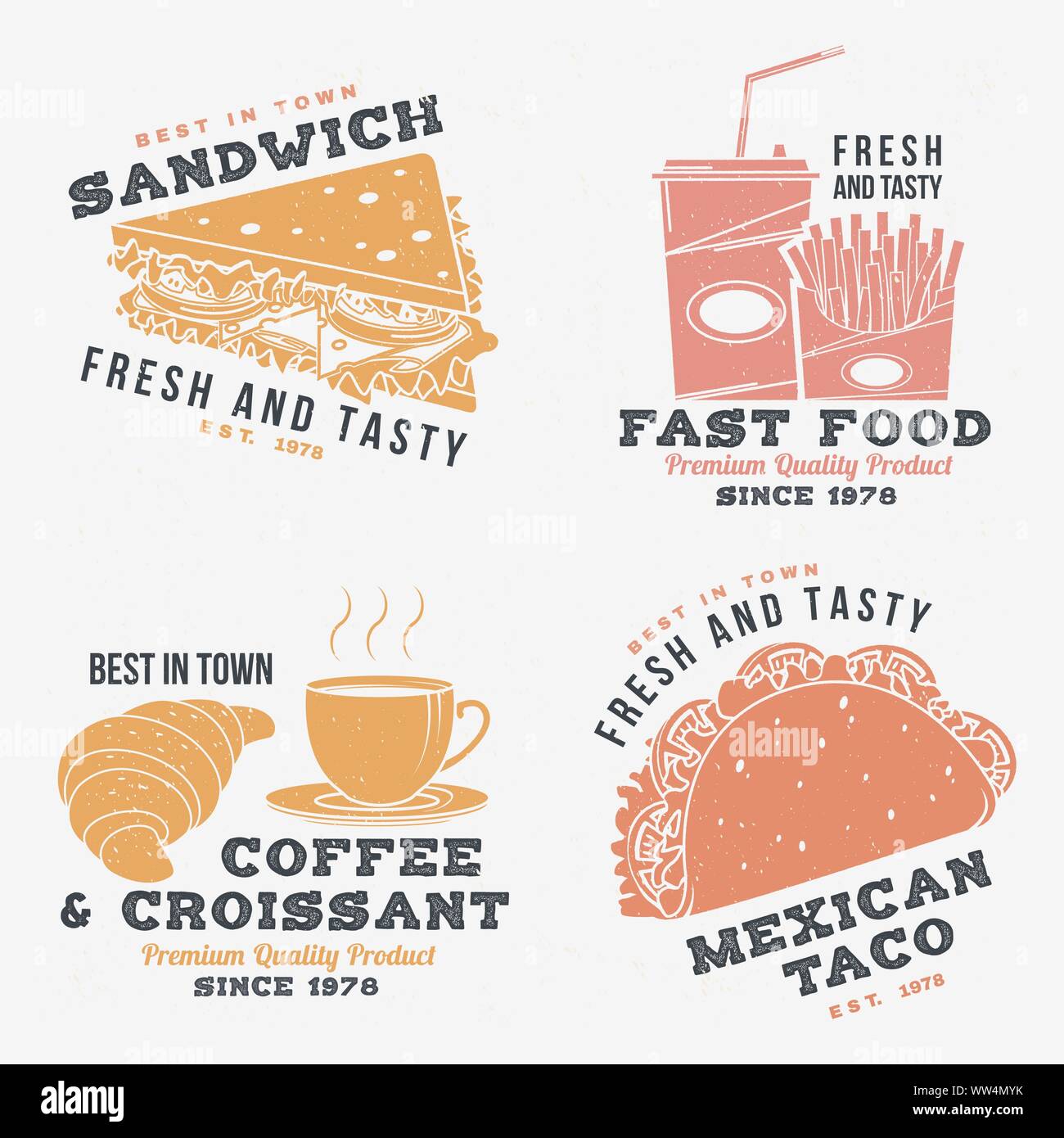 Set of fast food retro badge design. Vector. Vintage design with sandwich, coffee, taco, croissant for pub or fast food business. Template for restaurant identity objects, packaging and menu Stock Vector