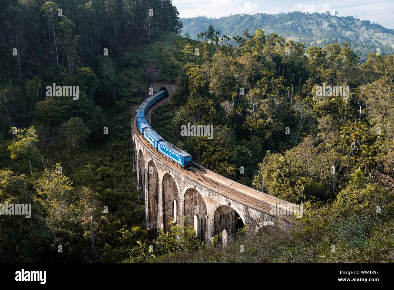 Train arriving at famous Nine arches bridge in Ella, Sri Lanka Stock