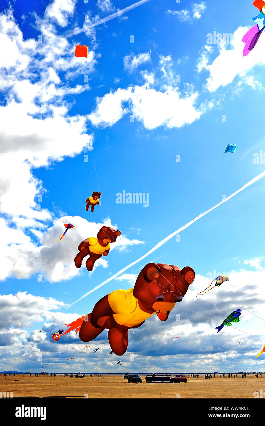 The eighth St Annes International kite festival 2019 on the towns beach. Teddy bear kites flying on the beach Stock Photo
