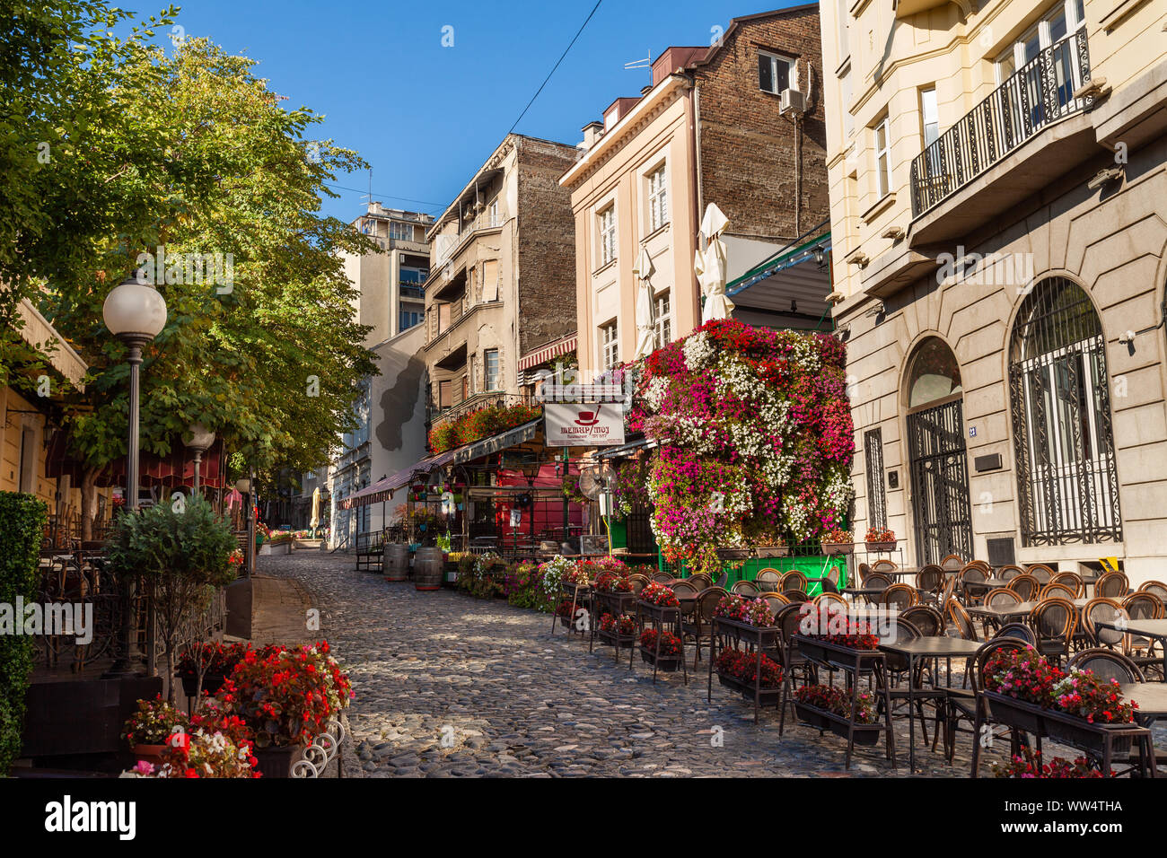 BELGRADE, SERBIA - AUG 10: Skadarlija (Skandarska), Belgrade's bohemian quarter full of cafes and restaurants on 10 Aug 2019 in Serbia Stock Photo