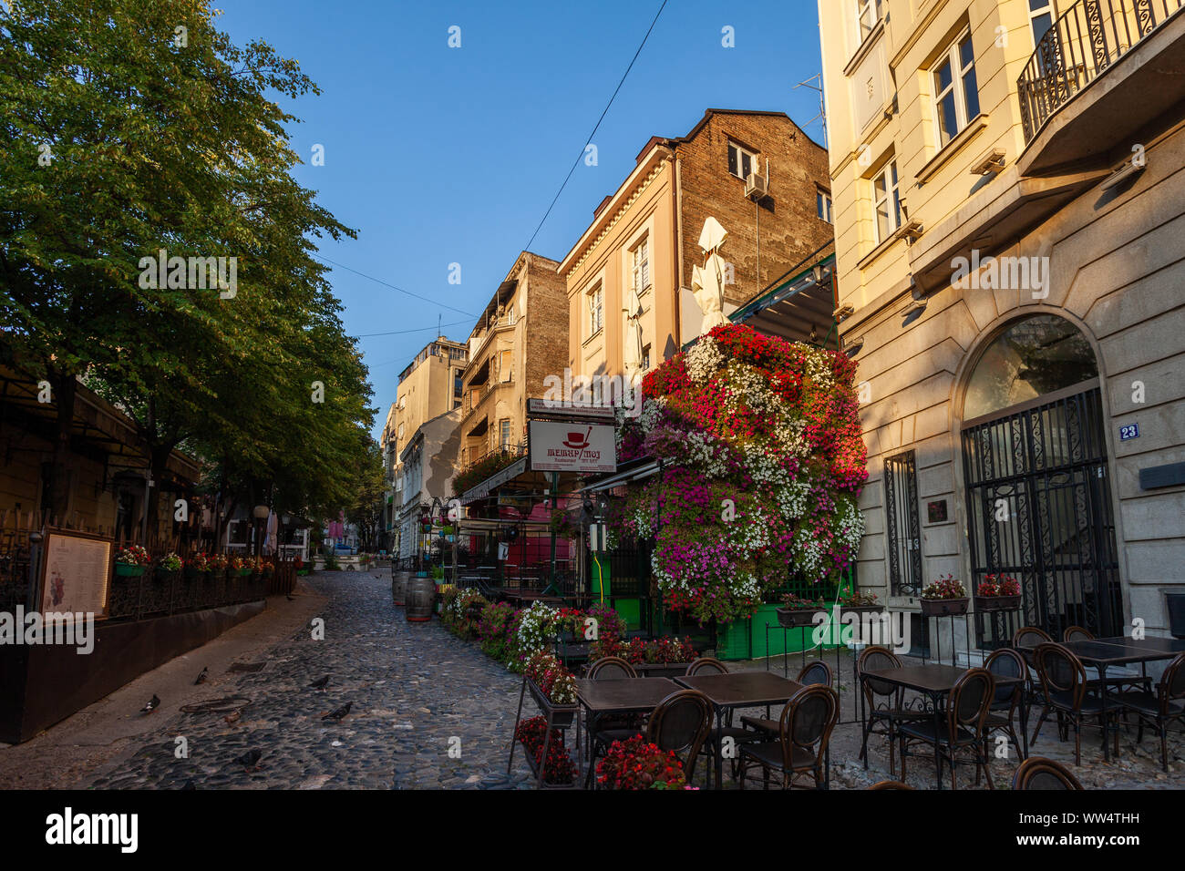 BELGRADE, SERBIA - AUG 10: Skadarlija (Skandarska), Belgrade's bohemian quarter full of cafes and restaurants on 10 Aug 2019 in Serbia Stock Photo