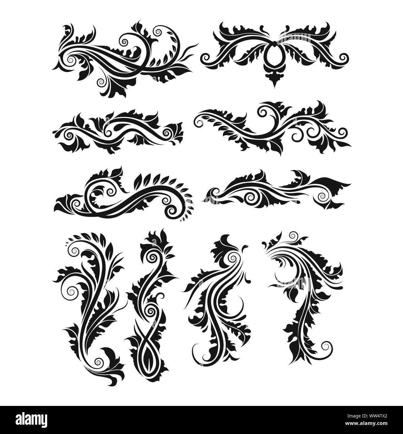 Design floral vector pack, Hand Drawn vintage floral elements. Swirls, laurels, frames, arrows, leaves, feathers, dividers, branches, banners and curl. Stock Vector