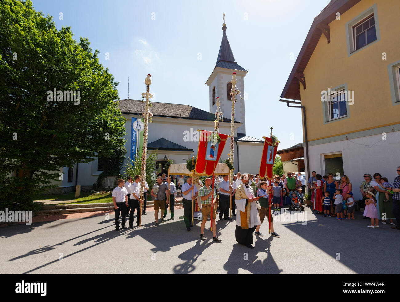 Beginning of the Corpus Christi procession with Prangstangen, Rohr im Gebirge, Industrieviertel, Lower Austria, Austria Stock Photo