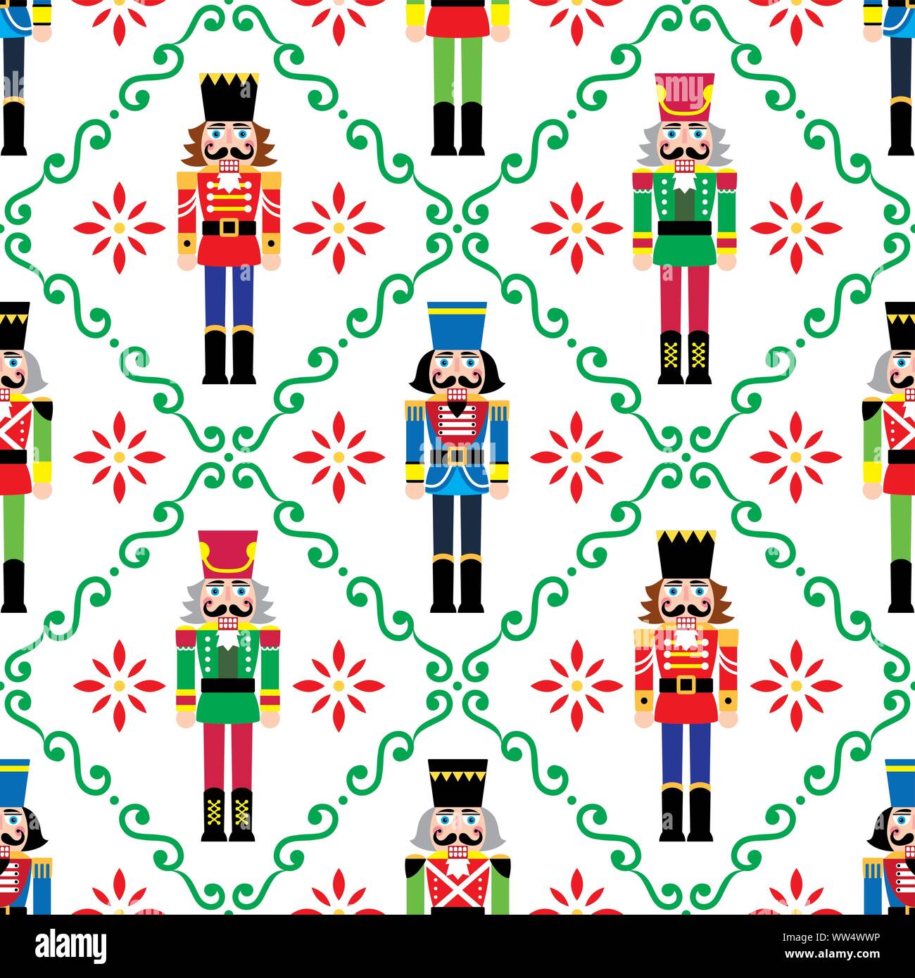 Christmas nutcrackers vector seamless pattern - Xmas soldier figurine repetitive ornament, textile design Stock Vector