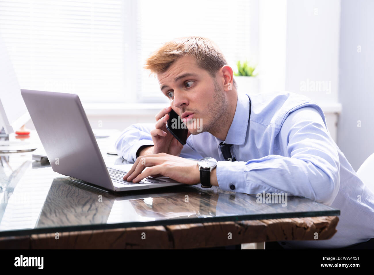 Concentrated Businessman Working On Computer In Office Stock Photo
