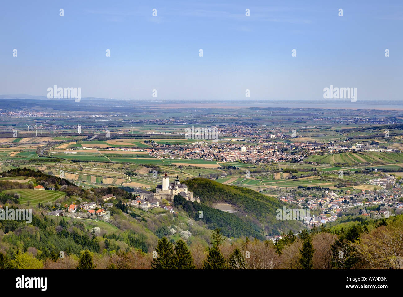 Castle Forchtenstein, with Mattersburg and Lake Neusiedl, north Burgenland, Burgenland, Austria Stock Photo