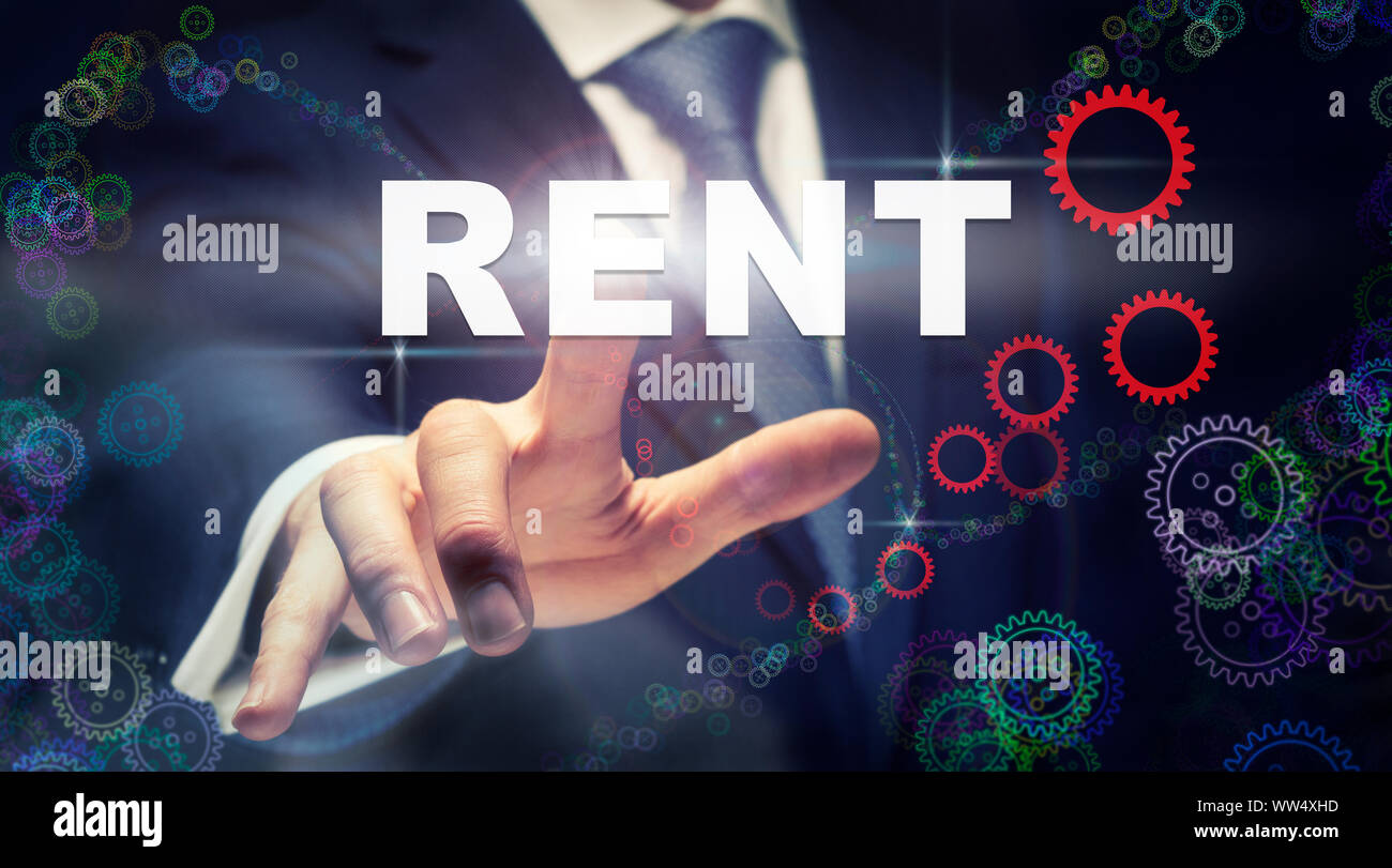 A businessman pressing a Rent business concept on a graphical display of  cogs Stock Photo - Alamy