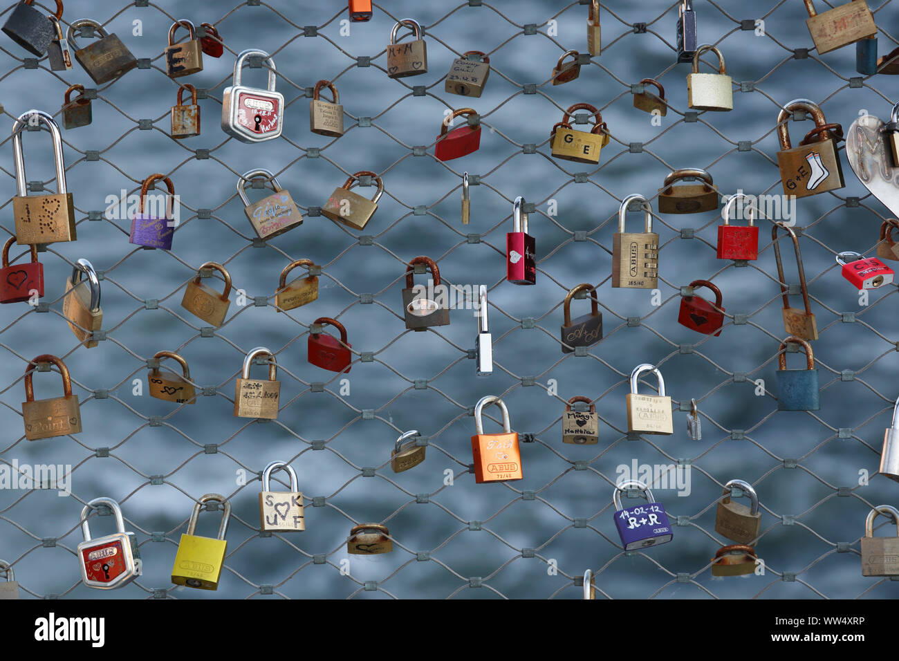 Love locks, love proof padlocks on main bridge over the Mur, Graz, Styria, Austria Stock Photo