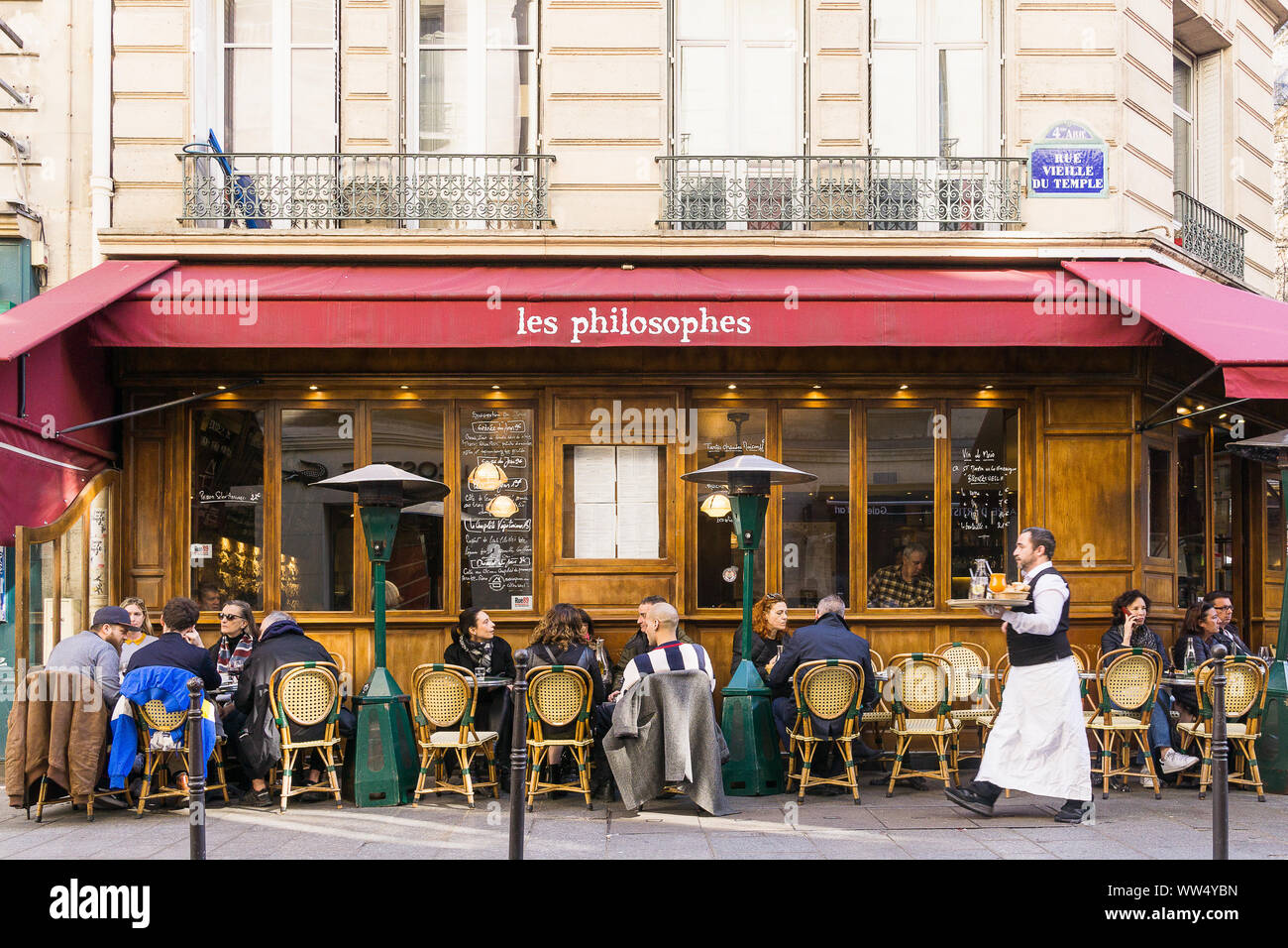 Paris cafe - Cafe Les Philosophes in the Marais district of Paris, France. Stock Photo