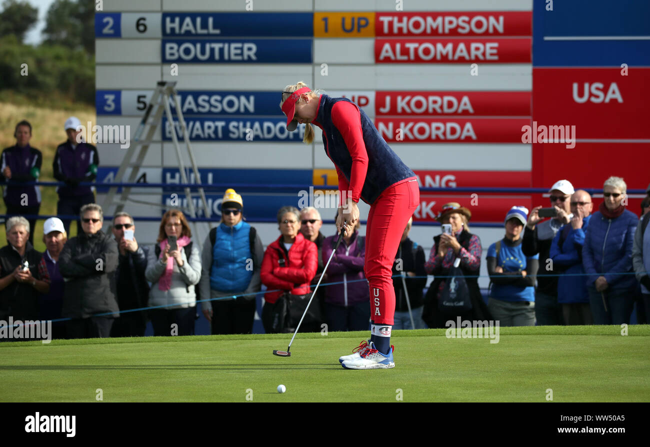 Team USA's Jessica Korda putts on the 6th green during the Foursomes match on day one of the 2019 Solheim Cup at Gleneagles Golf Club, Auchterarder. Stock Photo