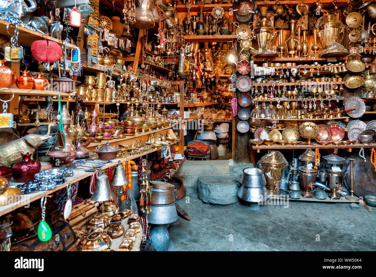 Interior of a traditional copper workshop in Lahij, Azerbaijan Stock ...