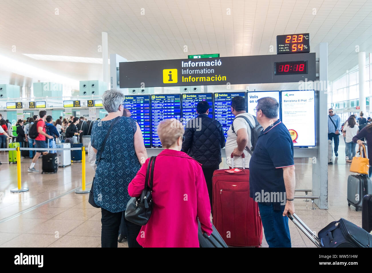 BARCELONA - JUNE 6, 2019: passenger embarking on the interior of Prat Airport in Barcelona, Spain. Since 2013, El Prat-Barcelona is the busiest airpor Stock Photo