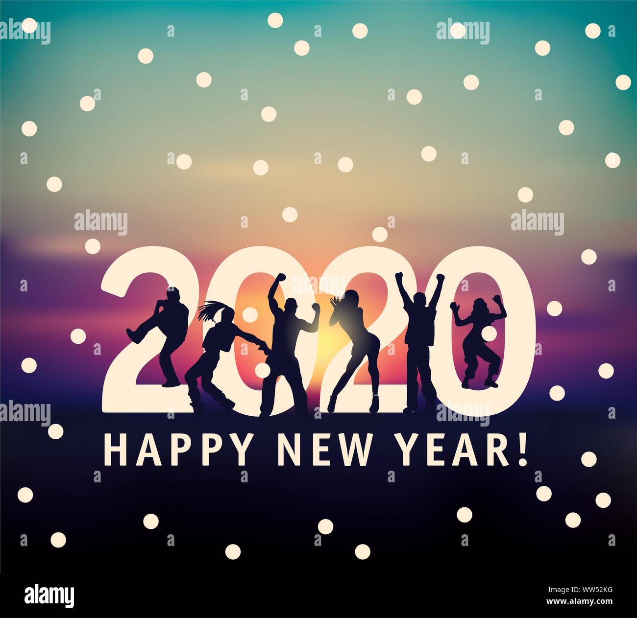 New year card 2020 symbol young group happy people silhouette sky and snow. Color vector illustration EPS8 Stock Vector