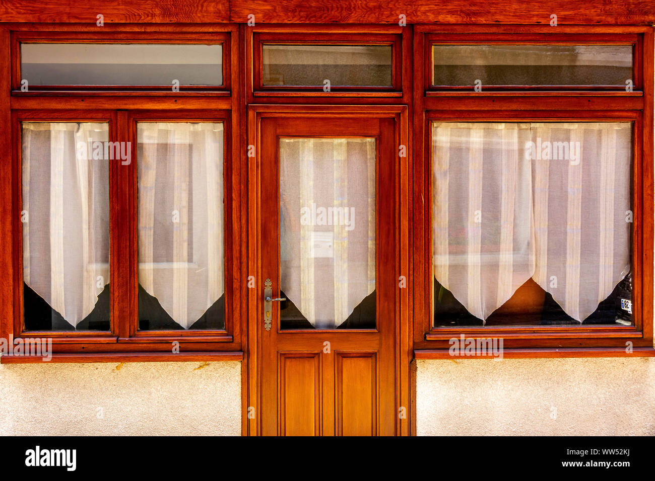 Curtains of an old shop, Le Malzieu Ville , Lozere, Occitanie, France Stock Photo