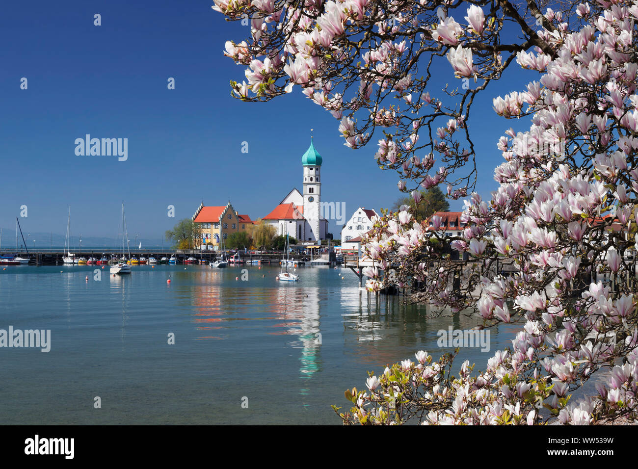 Peninsula Wasserburg with church St. Georg and Wasserburg castle, Lake Constance, Swabia, Bavaria, Germany Stock Photo