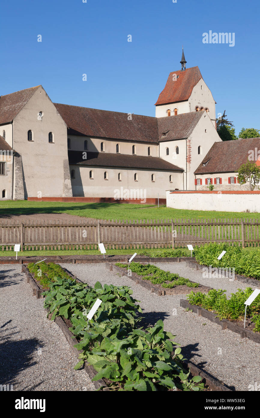 Herb garden at minster St. Maria and Markus, Mittelzell, UNESCO world cultural heritage, island Reichenau, Lake Constance, Baden-Wuerttemberg, Germany Stock Photo