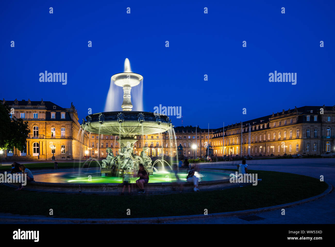 Stuttgart, Germany, August 25, 2019, Illuminated fountain people ...
