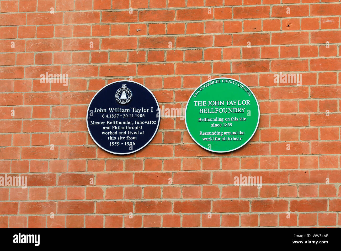 Plaques on the wall of John Taylor & Company Bell Foundry, Loughborough, Leicestershire, England, UK Stock Photo